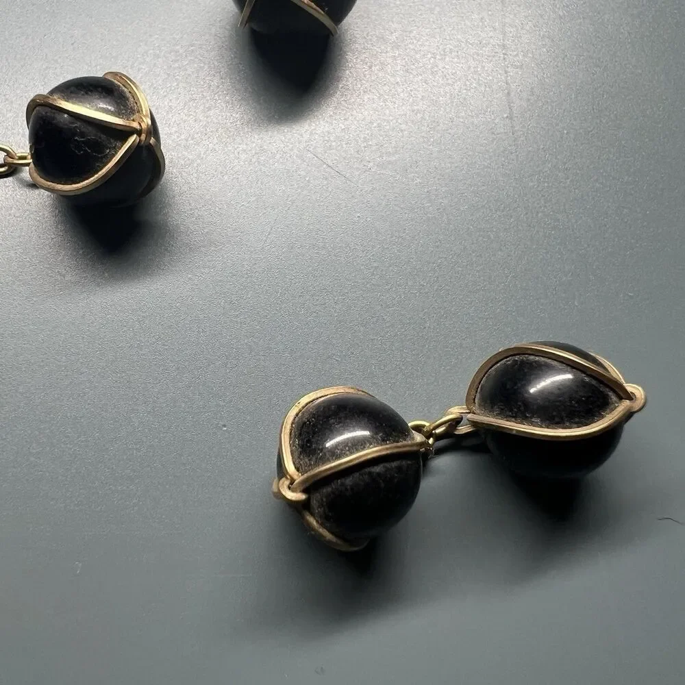 Vintage Mid Century Double Sided Wire Wrapped Black Bead Cufflinks Tie Bar Set